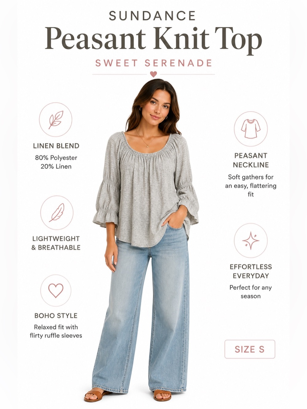 Sundance Sweet Serenade Peasant Top Gray Linen Blend exaggerated Ruffle Sleeve S
